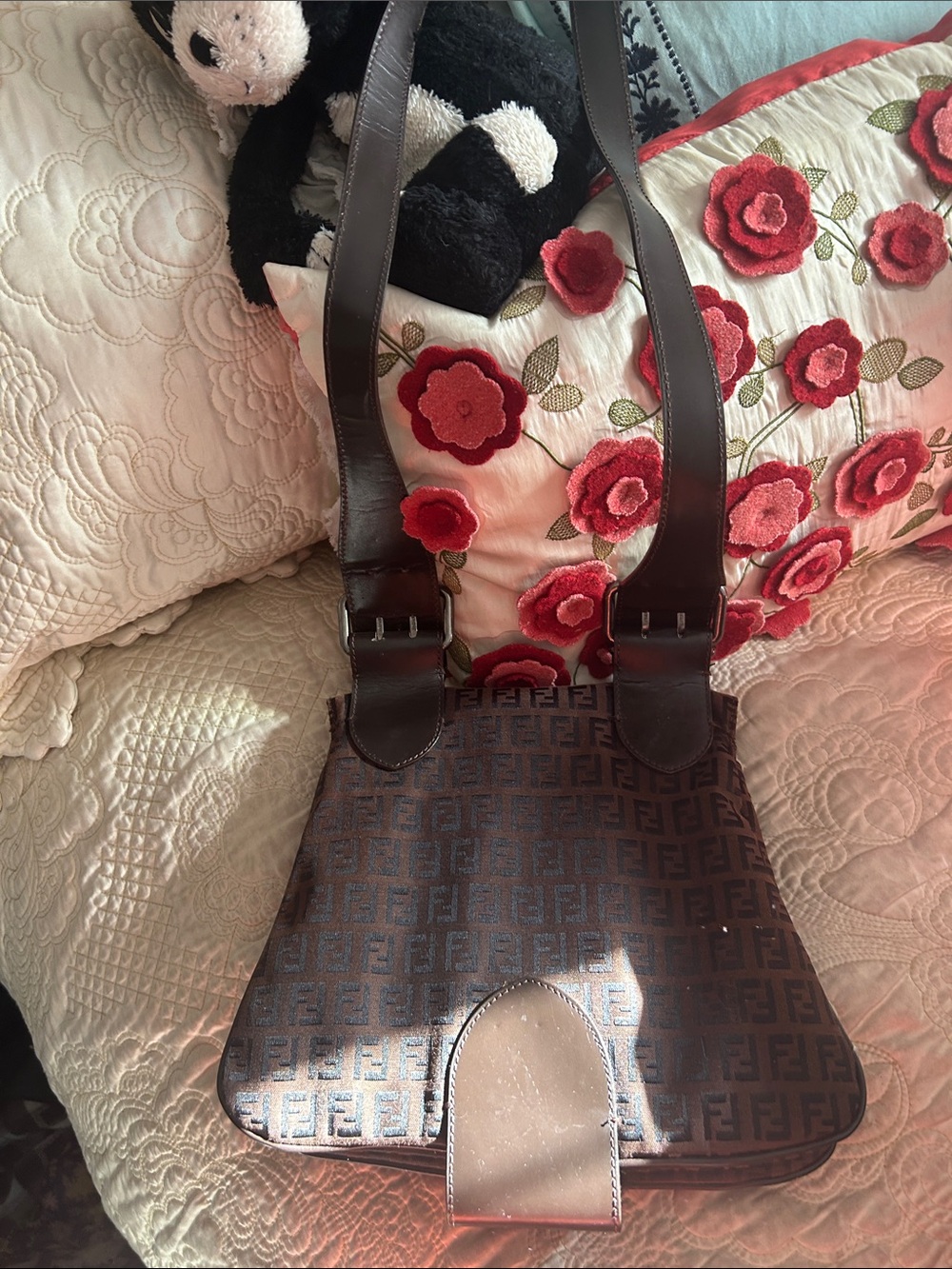 Fendi Brown Zucca Monogram Shoulder Bag with Dark Leather Trim - Picture 3 of 3